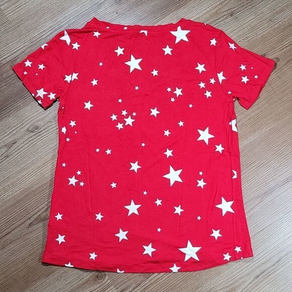 🔺️Red Star Spangled Vneck Short Sleeve Top Medium - Picture 2 of 9
